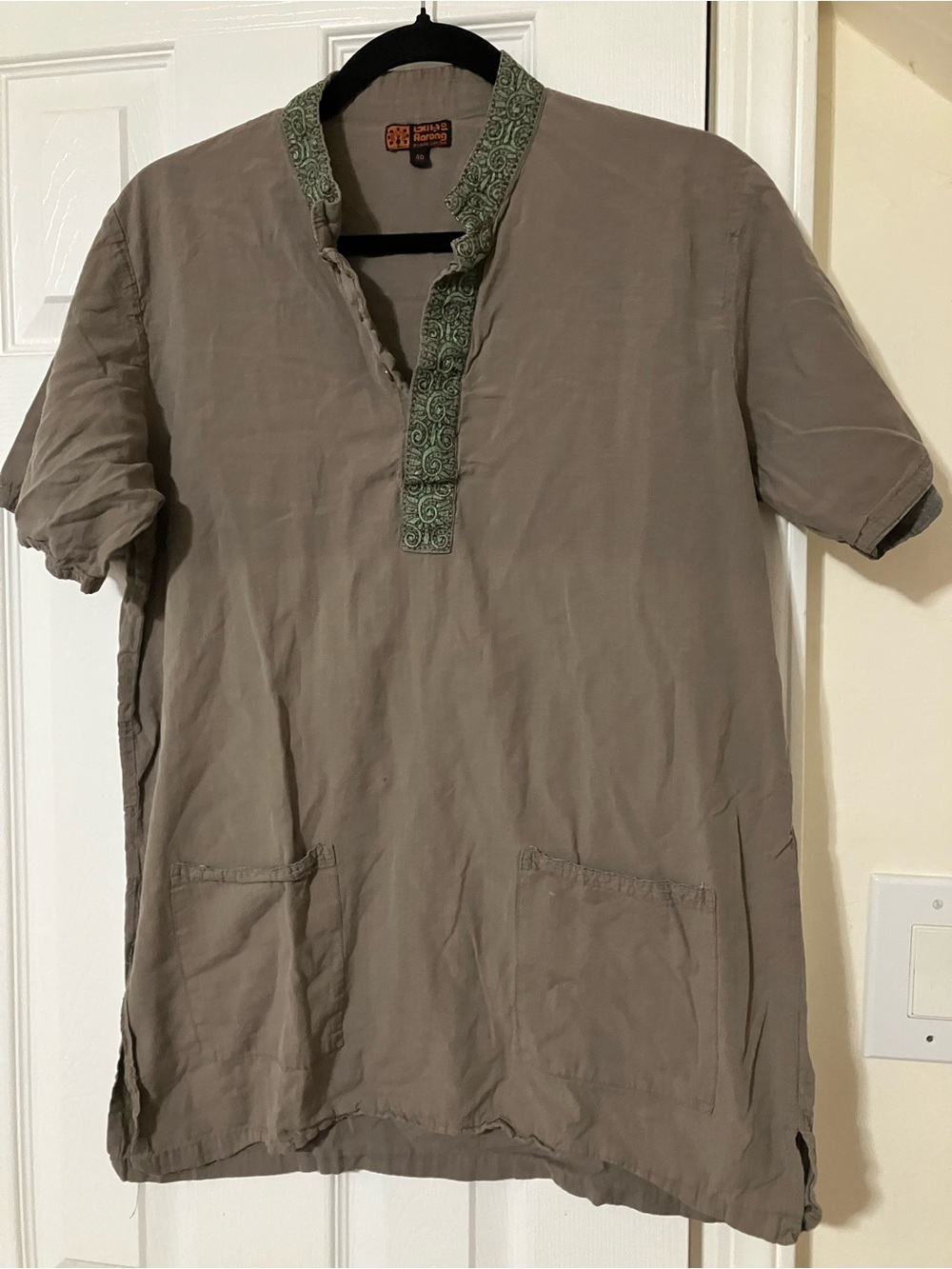 Earthy Taupe Tunic with Green Embroidered Details - Unisex, NWOT, size S/M